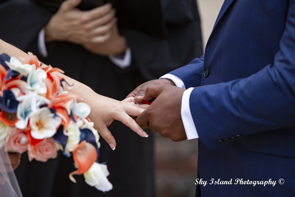 Wedding day Groom taking Bride Hands sky Island photography John Heyward Baltimore Md